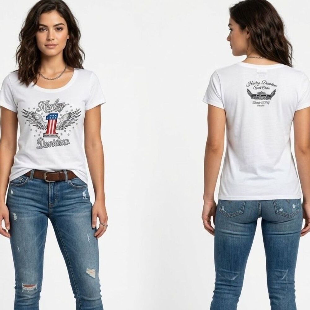 Harley Davidson Women's Winged Graphic Patriot Red White Jewel Biker Tee SZ L - Picture 14 of 14